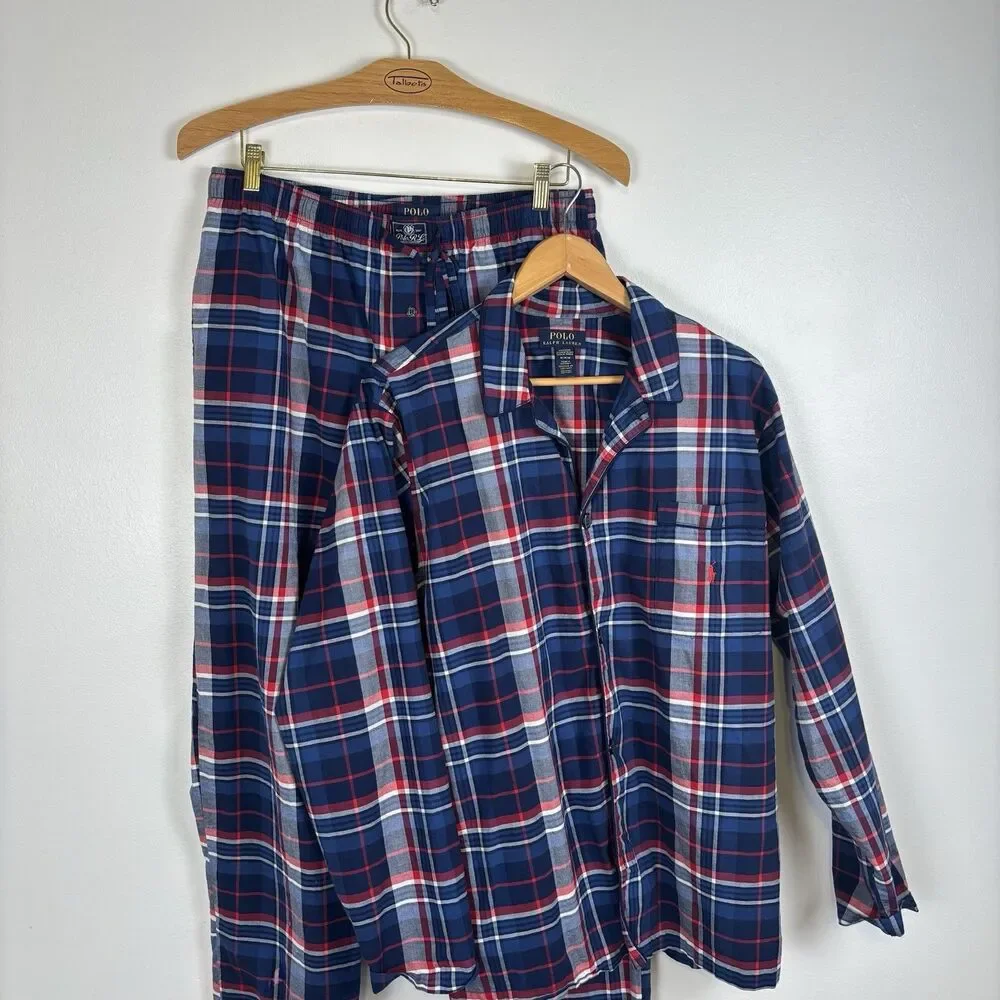 Polo Ralph Lauren Men's Stretch Woven Pajama Set Milton Plaid Navy, M/L READ